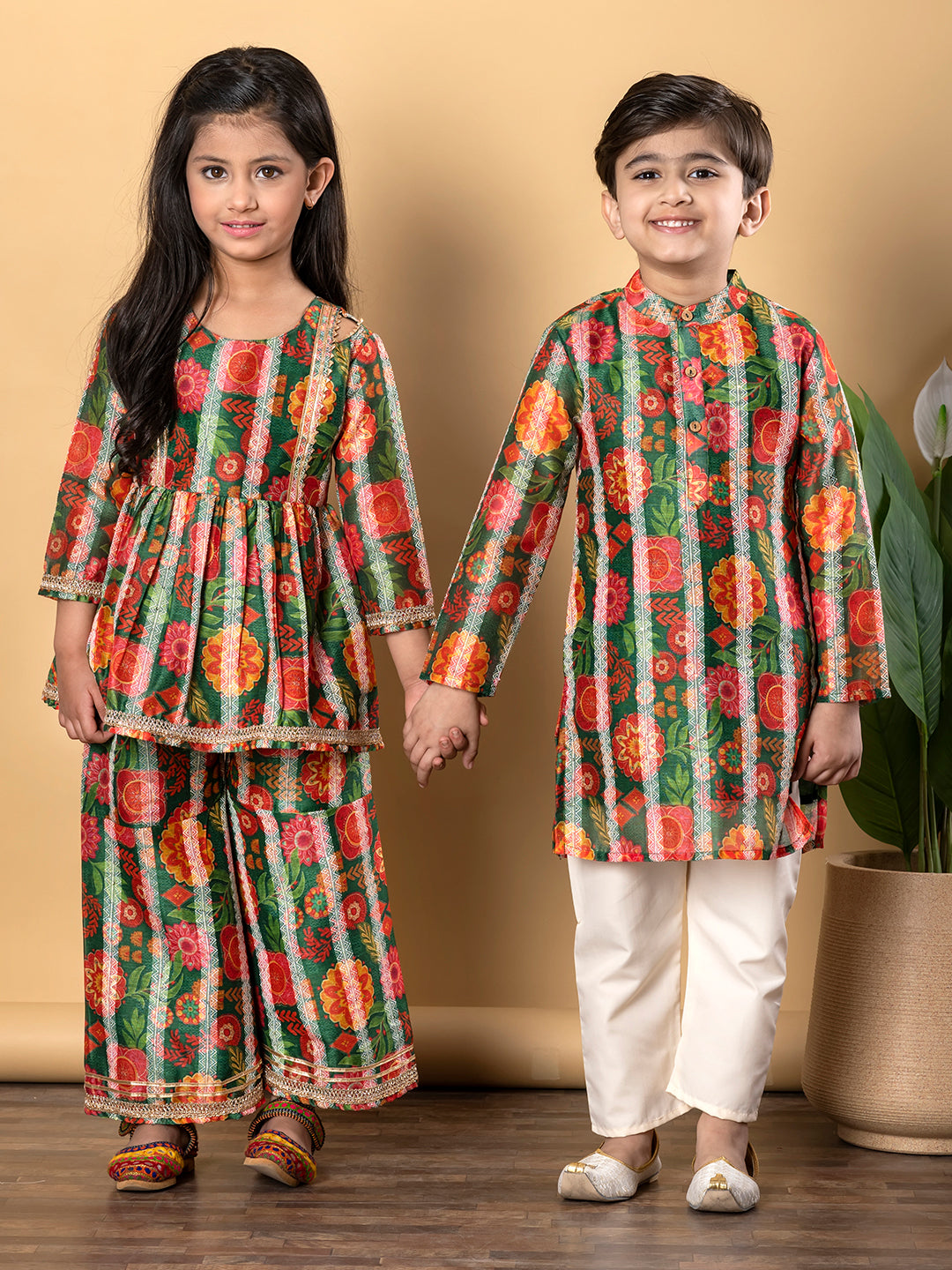 Green Royale Frock Kurti & Sharara in Chanderi Silk – Girls