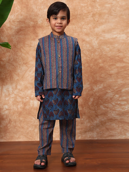 Blue Blossom Kurta Pyjama with Nehru Jacket – Boys