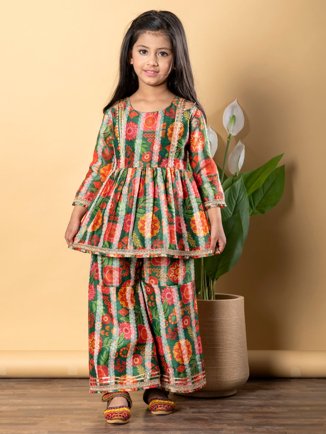 Green Royale Frock Kurti & Sharara in Chanderi Silk – Girls