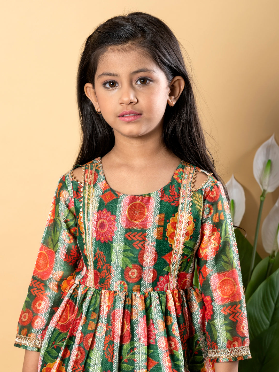 Green Royale Frock Kurti & Sharara in Chanderi Silk – Girls