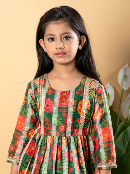 Green Royale Frock Kurti & Sharara in Chanderi Silk – Girls