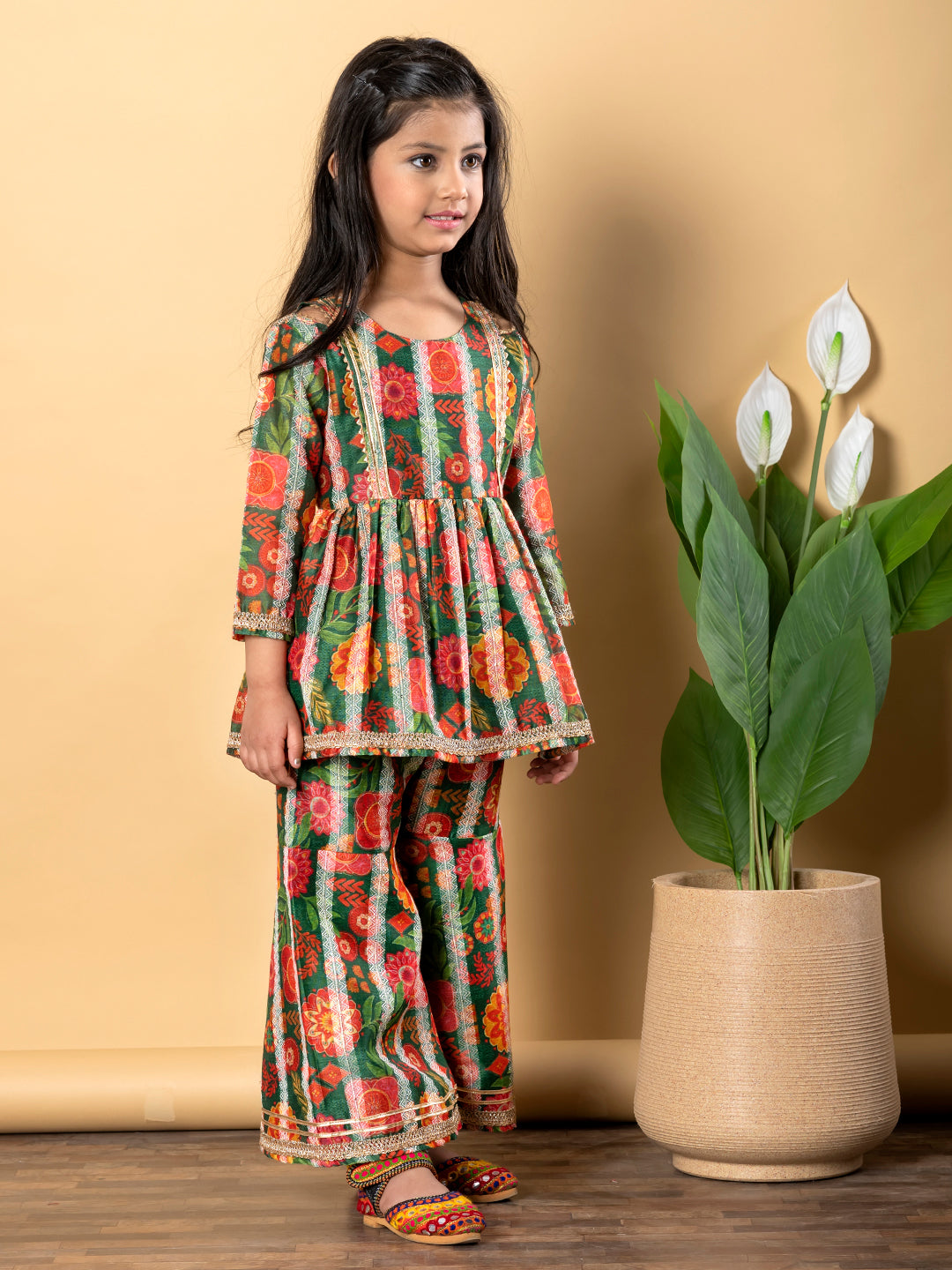 Green Royale Frock Kurti & Sharara in Chanderi Silk – Girls