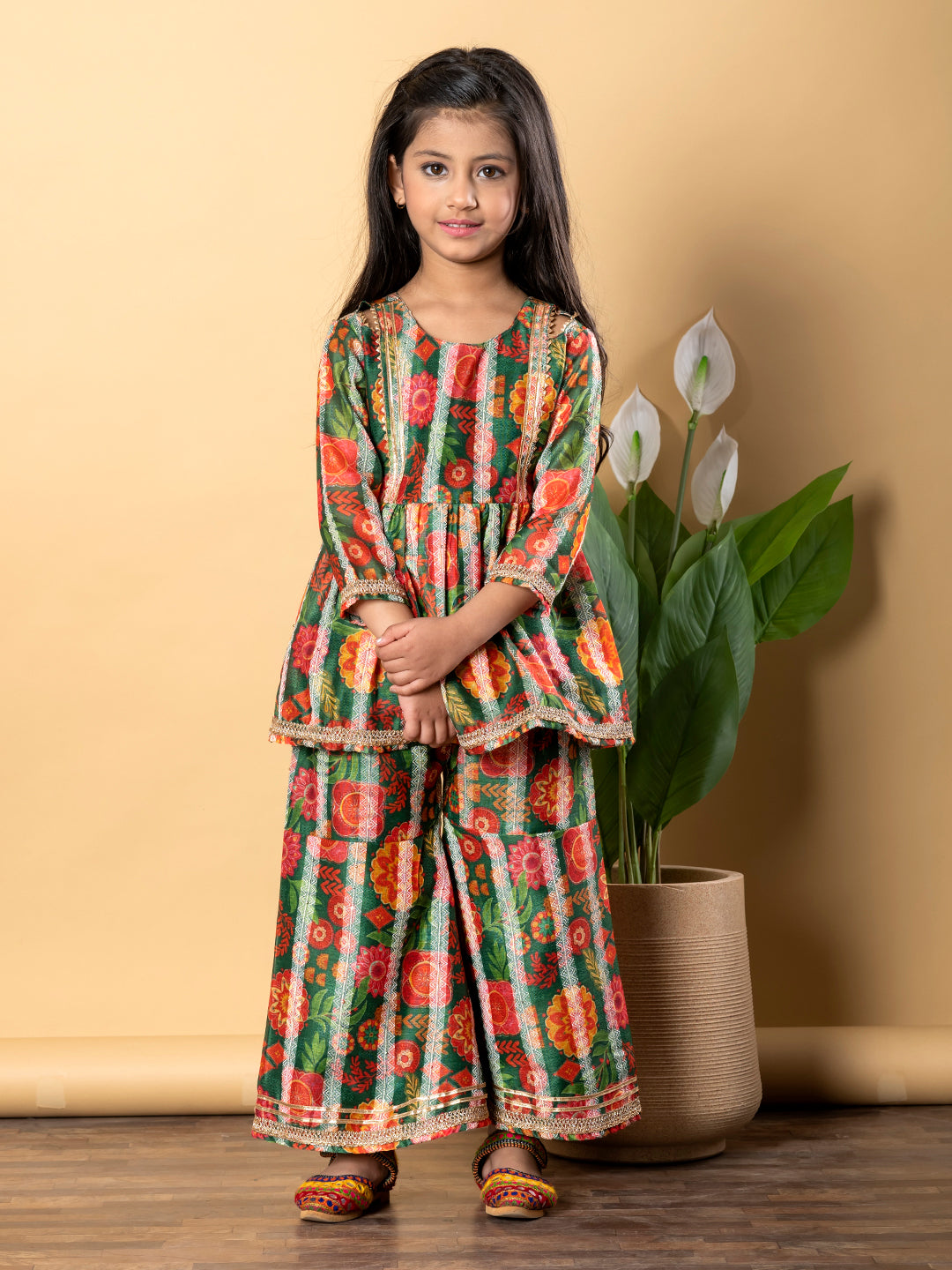 Green Royale Frock Kurti & Sharara in Chanderi Silk – Girls
