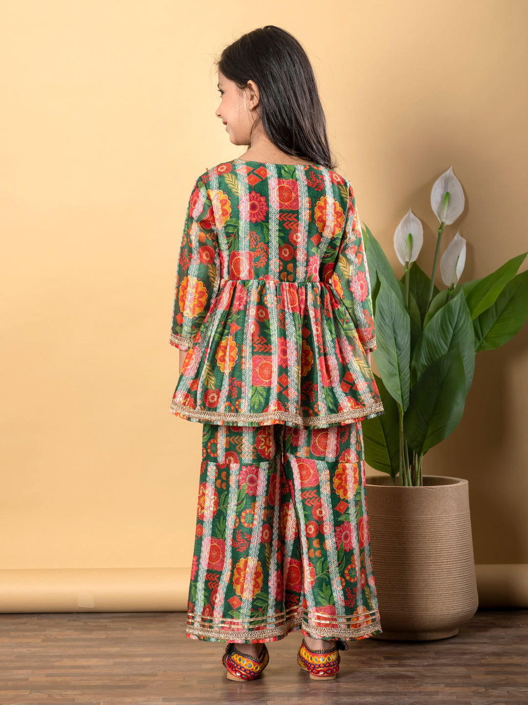 Green Royale Frock Kurti & Sharara in Chanderi Silk – Girls