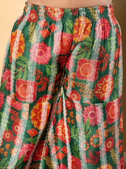 Green Royale Frock Kurti & Sharara in Chanderi Silk – Girls