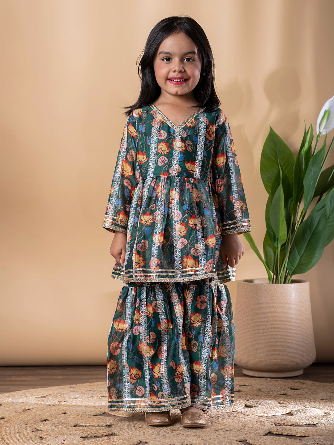 Emerald Peplum Chanderi Kurti–Sharara with Gota & Floral Print – Girls