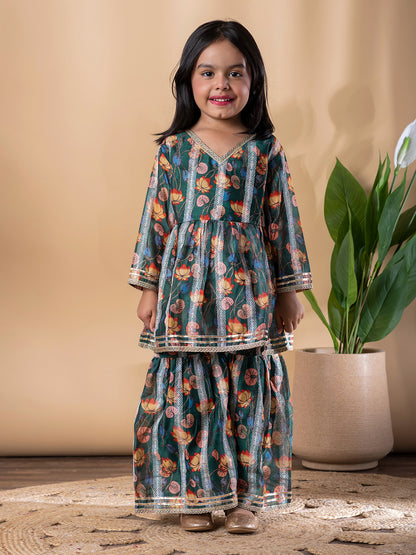 Emerald Peplum Chanderi Kurti–Sharara with Gota & Floral Print – Girls