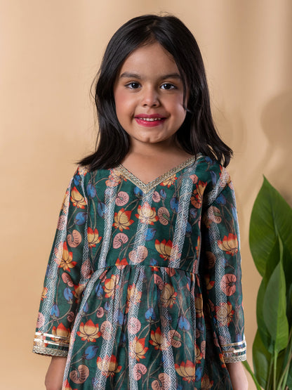 Emerald Peplum Chanderi Kurti–Sharara with Gota & Floral Print – Girls
