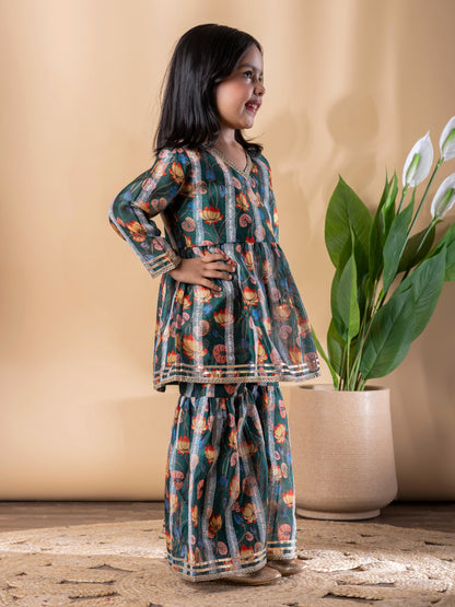 Emerald Peplum Chanderi Kurti–Sharara with Gota & Floral Print – Girls