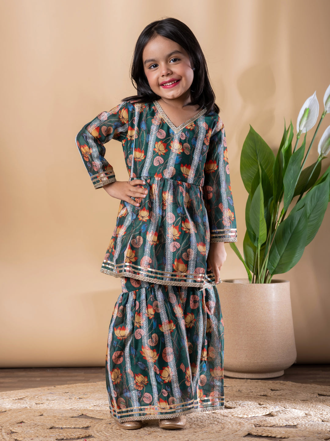 Emerald Peplum Chanderi Kurti–Sharara with Gota & Floral Print – Girls