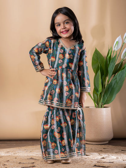Emerald Peplum Chanderi Kurti–Sharara with Gota & Floral Print – Girls