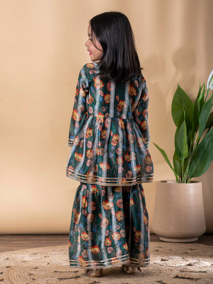 Emerald Peplum Chanderi Kurti–Sharara with Gota & Floral Print – Girls