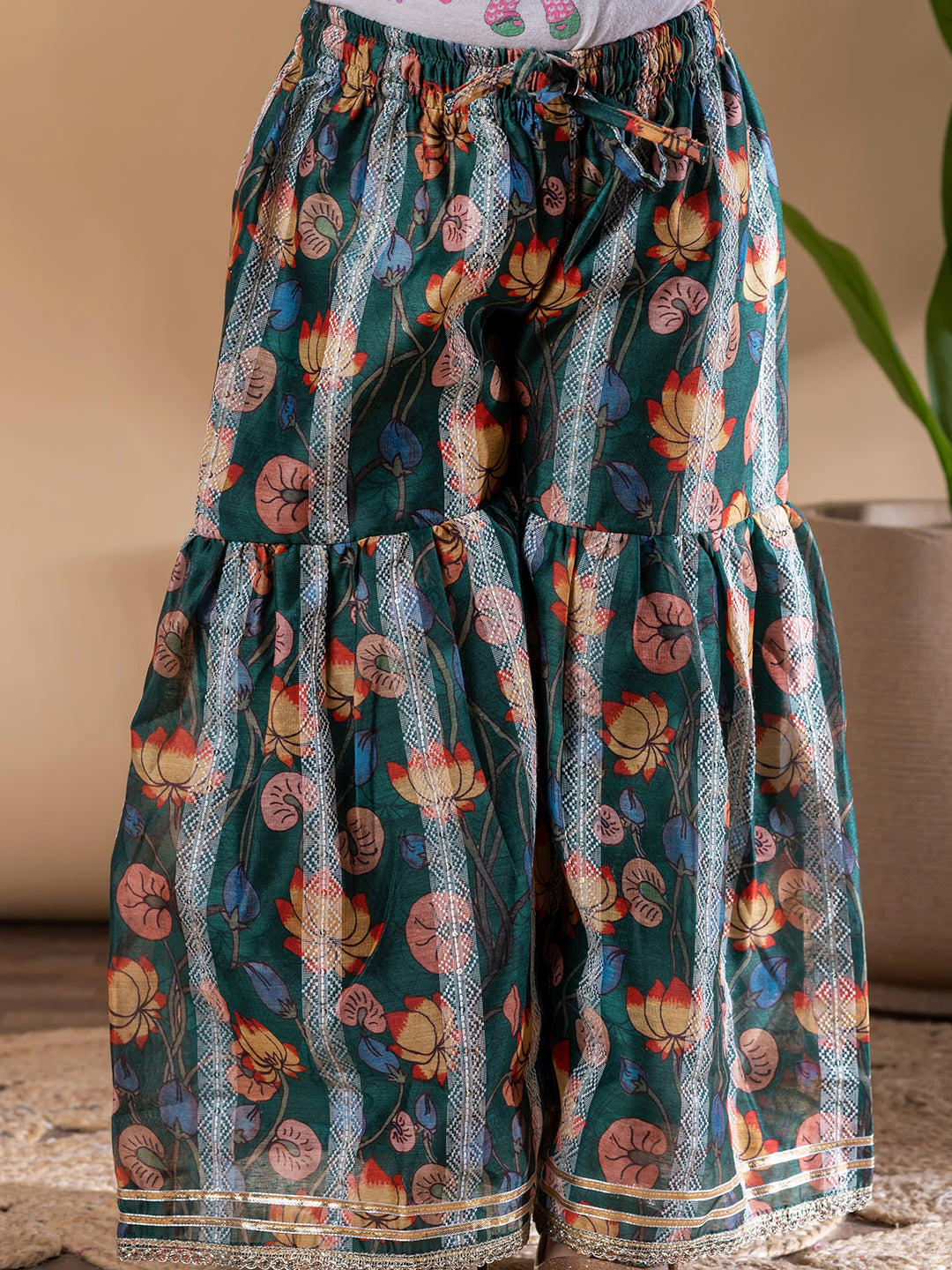 Emerald Peplum Chanderi Kurti–Sharara with Gota & Floral Print – Girls