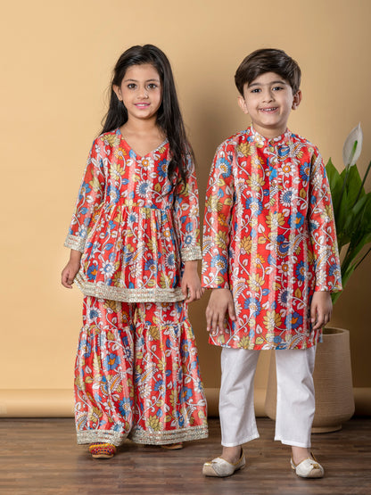 Red Royale Floral Kurta Pyjama Set – Boys Chanderi Silk