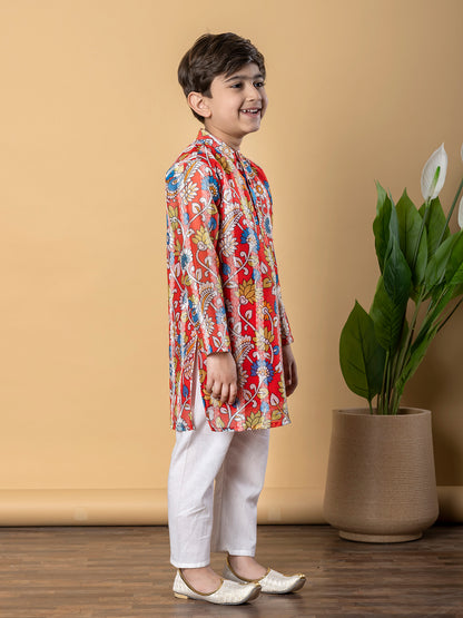 Red Royale Floral Kurta Pyjama Set – Boys Chanderi Silk