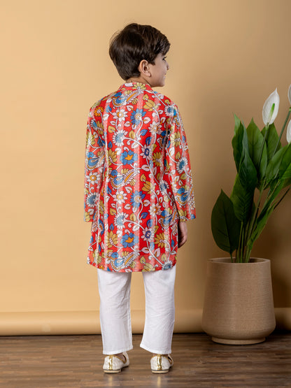 Red Royale Floral Kurta Pyjama Set – Boys Chanderi Silk