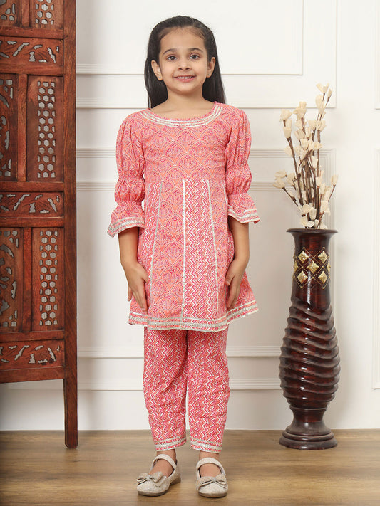 Girls Pink Floral Anarkali Kurti & Pyjama with Gota Lace Work