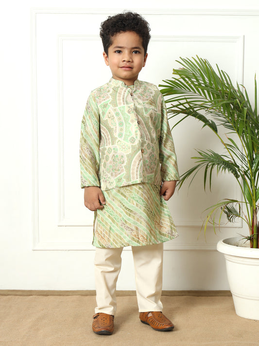 Boys Olive Silk Floral Kurta Pyjama & Nehru Jacket Set