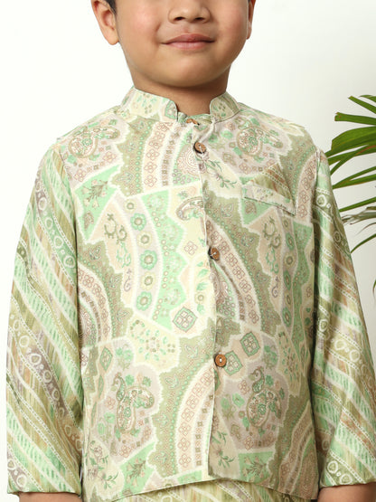 Boys Olive Silk Floral Kurta Pyjama & Nehru Jacket Set