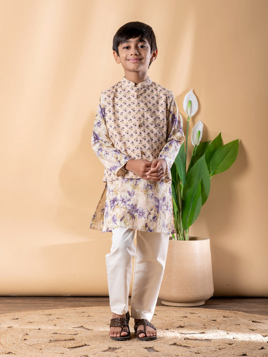 Beige Floral Ethnic Kurta Set with Nehru Jacket – Boys