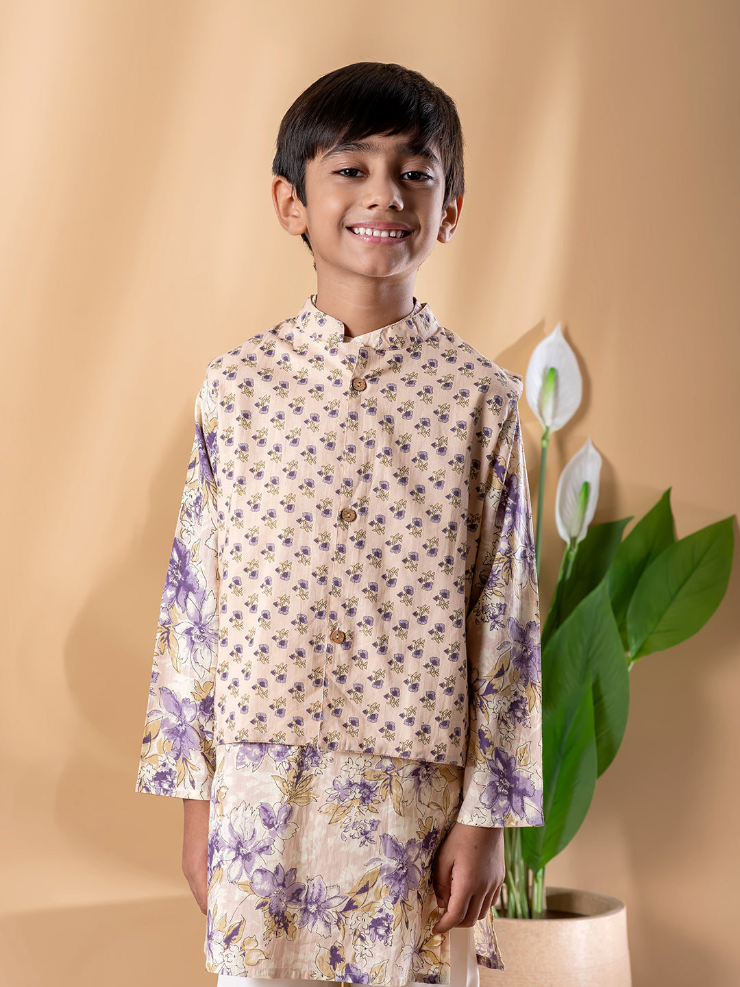 Beige Floral Ethnic Kurta Set with Nehru Jacket – Boys