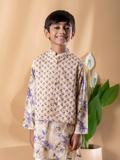 Beige Floral Ethnic Kurta Set with Nehru Jacket – Boys