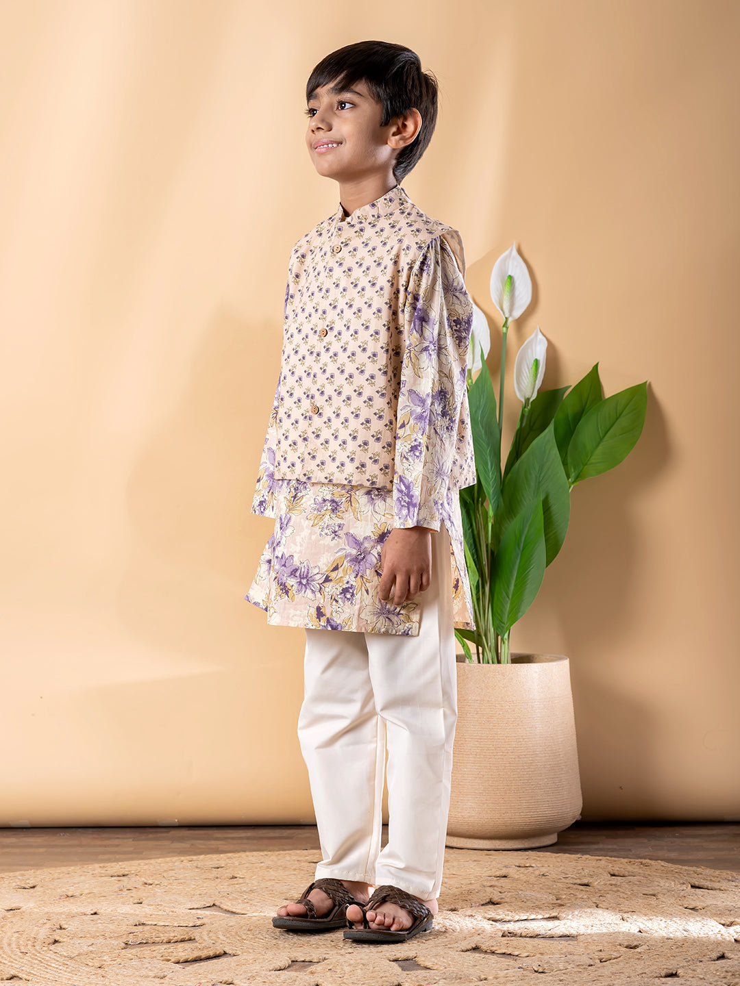 Beige Floral Ethnic Kurta Set with Nehru Jacket – Boys
