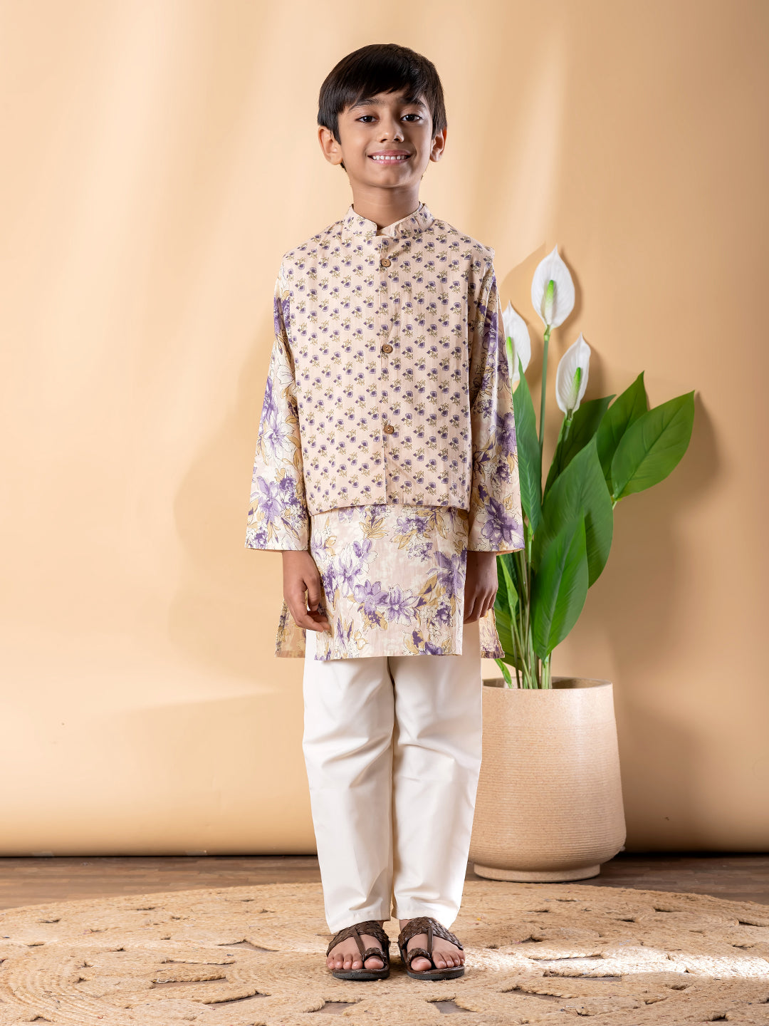 Beige Floral Ethnic Kurta Set with Nehru Jacket – Boys