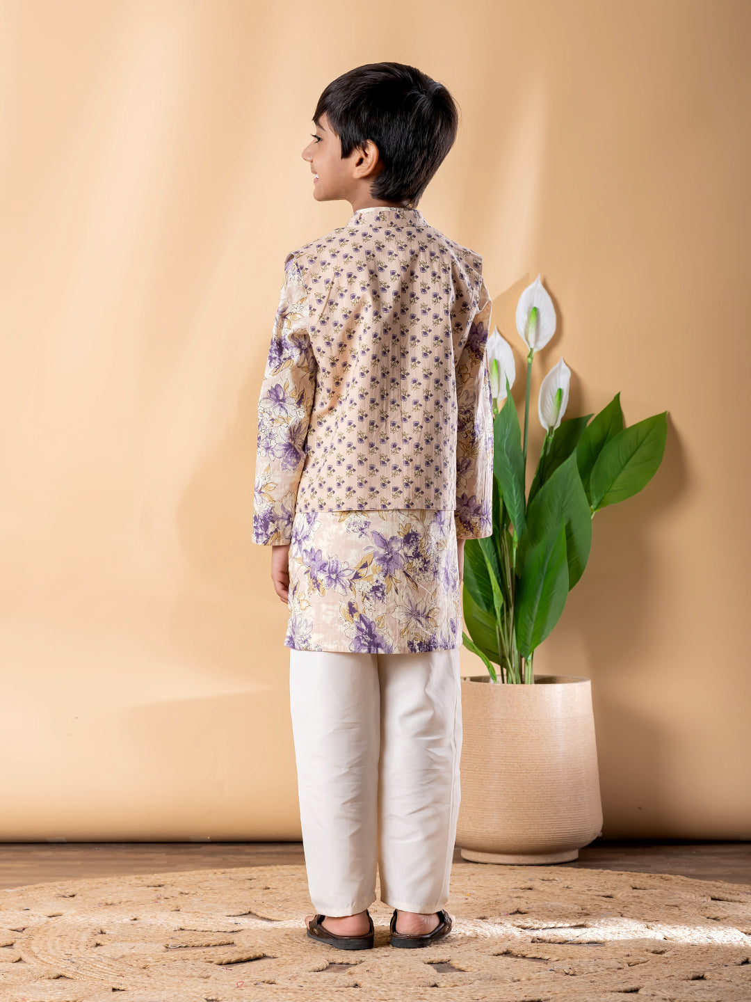 Beige Floral Ethnic Kurta Set with Nehru Jacket – Boys