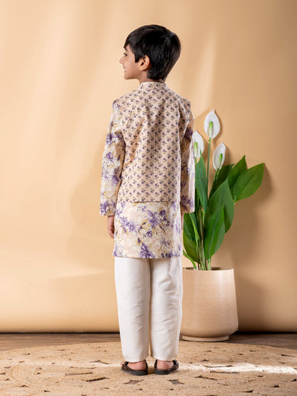 Beige Floral Ethnic Kurta Set with Nehru Jacket – Boys