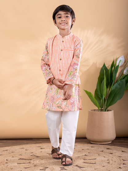 Peach Ethnic Floral Kurta Pyjama & Jacket Outfit for Boys