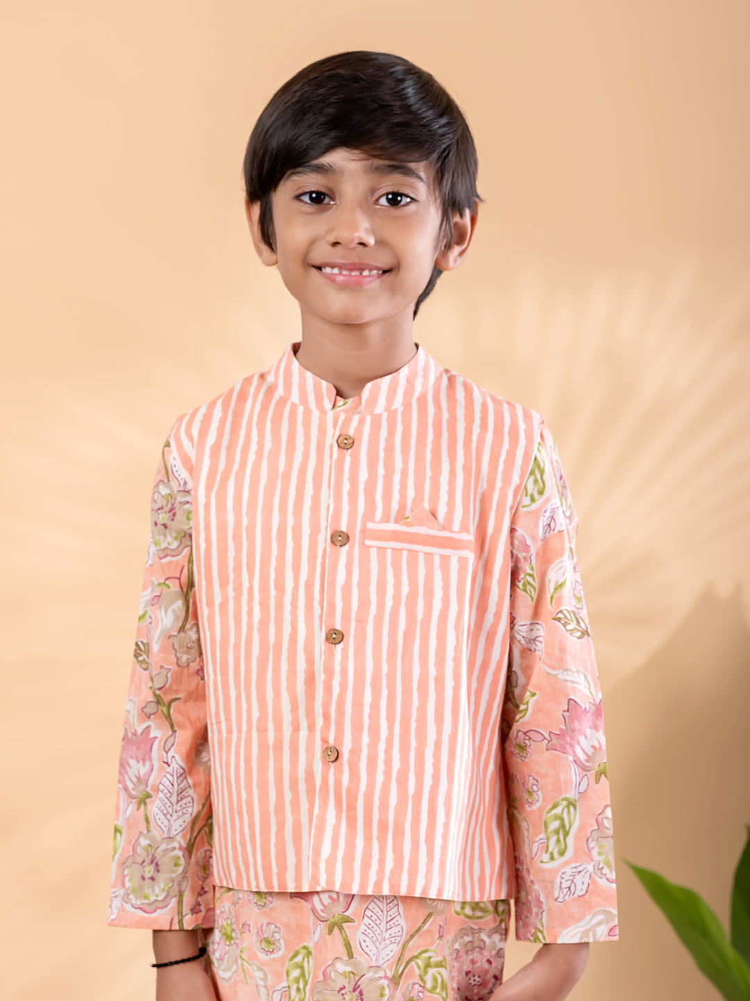 Peach Ethnic Floral Kurta Pyjama & Jacket Outfit for Boys