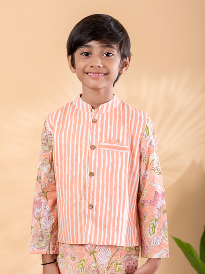 Peach Ethnic Floral Kurta Pyjama & Jacket Outfit for Boys