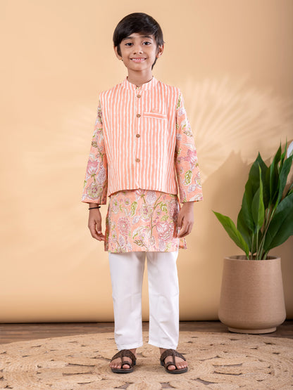 Peach Ethnic Floral Kurta Pyjama & Jacket Outfit for Boys