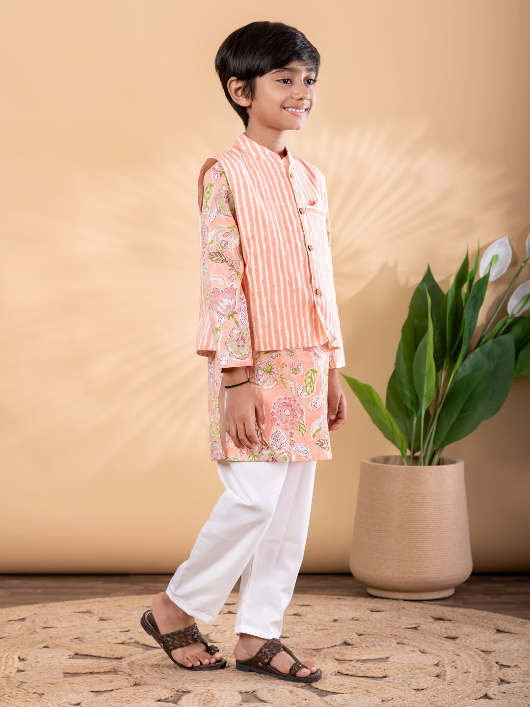 Peach Ethnic Floral Kurta Pyjama & Jacket Outfit for Boys