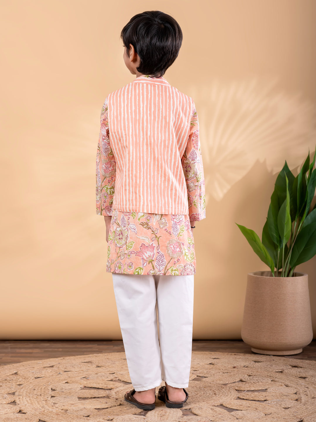 Peach Ethnic Floral Kurta Pyjama & Jacket Outfit for Boys