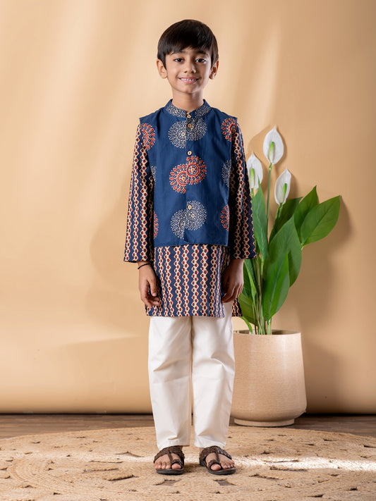 Blue Heritage Print Kurta Pyjama Set with Classic Nehru Jacket