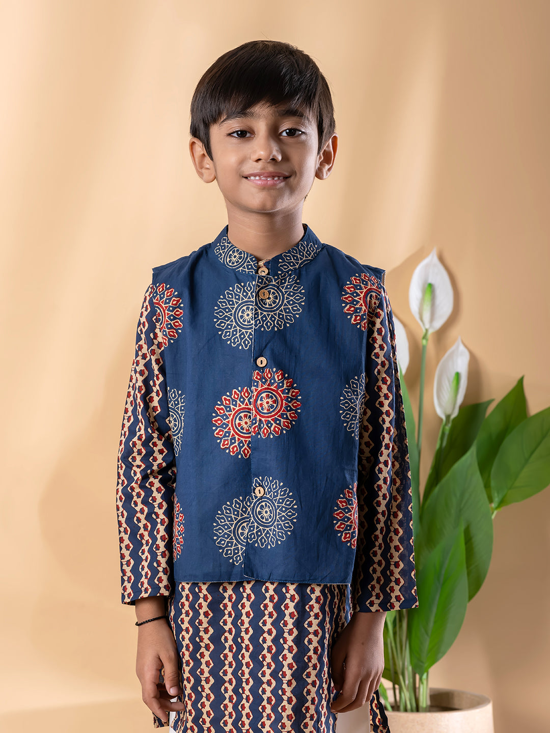 Blue Heritage Print Kurta Pyjama Set with Classic Nehru Jacket