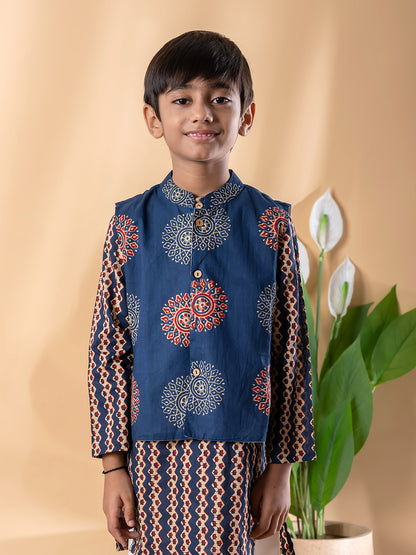 Blue Heritage Print Kurta Pyjama Set with Classic Nehru Jacket