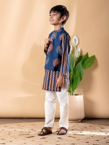Blue Heritage Print Kurta Pyjama Set with Classic Nehru Jacket