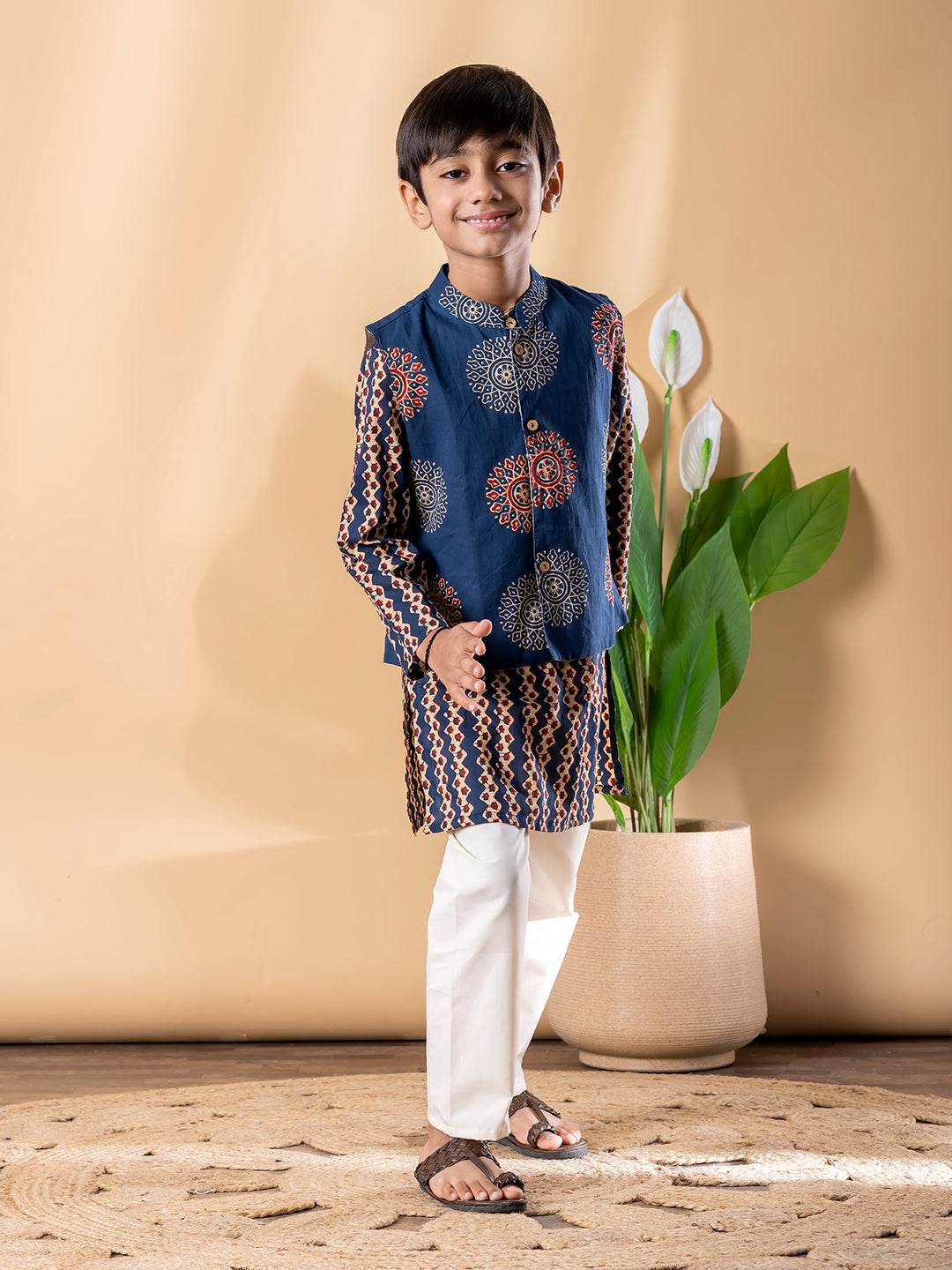 Blue Heritage Print Kurta Pyjama Set with Classic Nehru Jacket