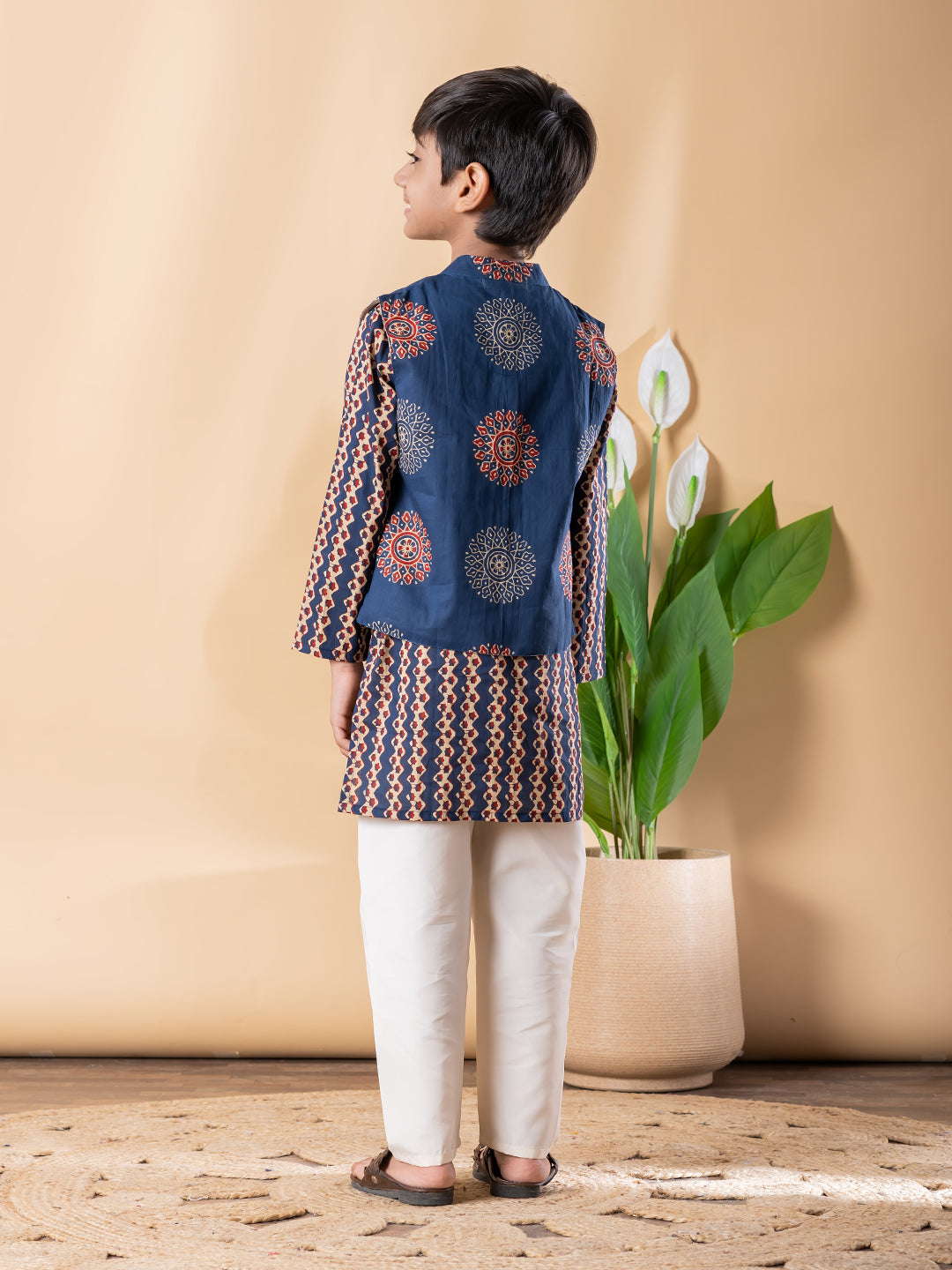 Blue Heritage Print Kurta Pyjama Set with Classic Nehru Jacket