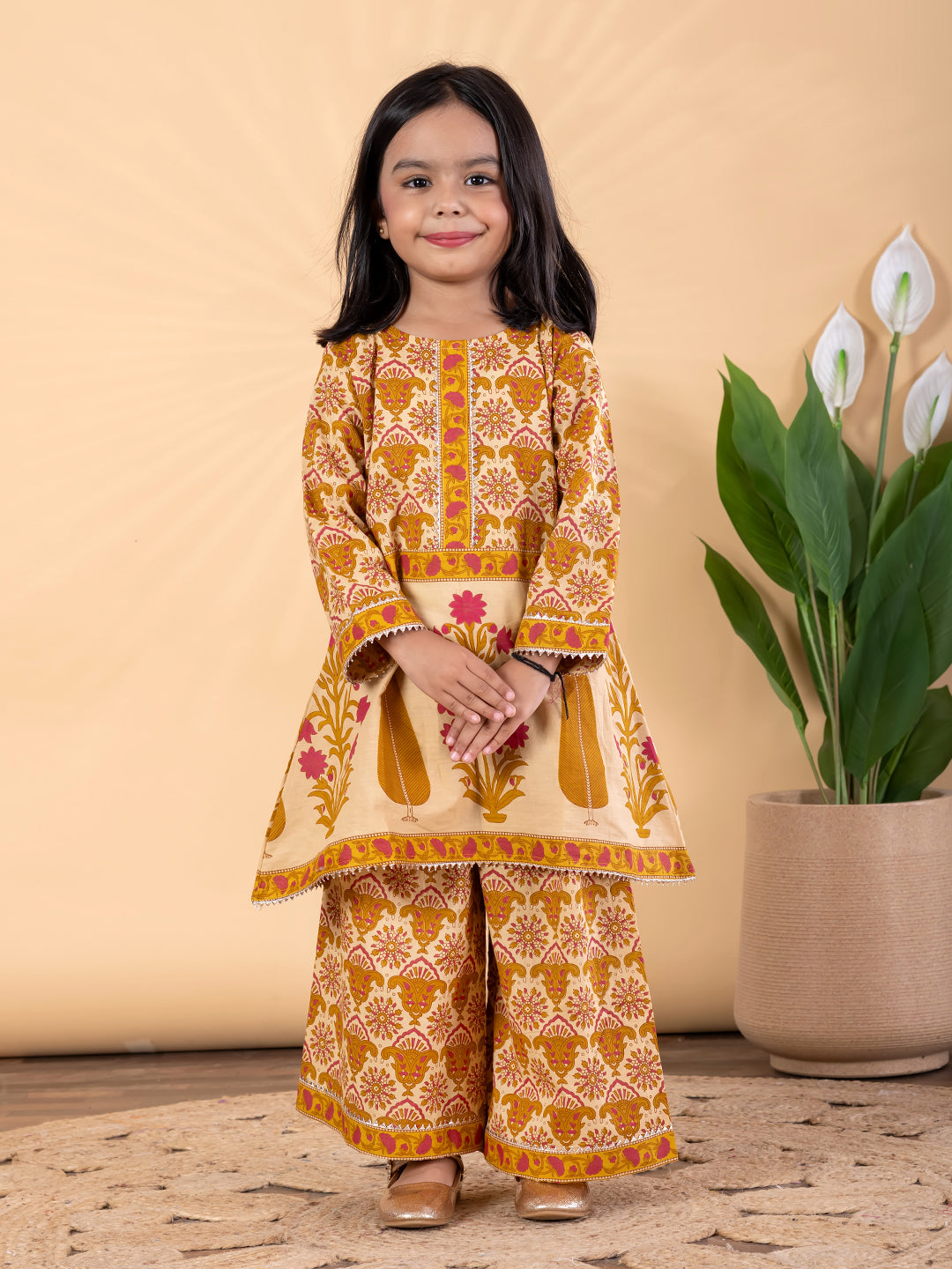 Golden Floral Peplum Kurti & Palazzo