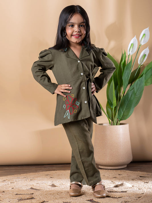 Green Blossom Embroidered Cotton Flex Outfit – Girls