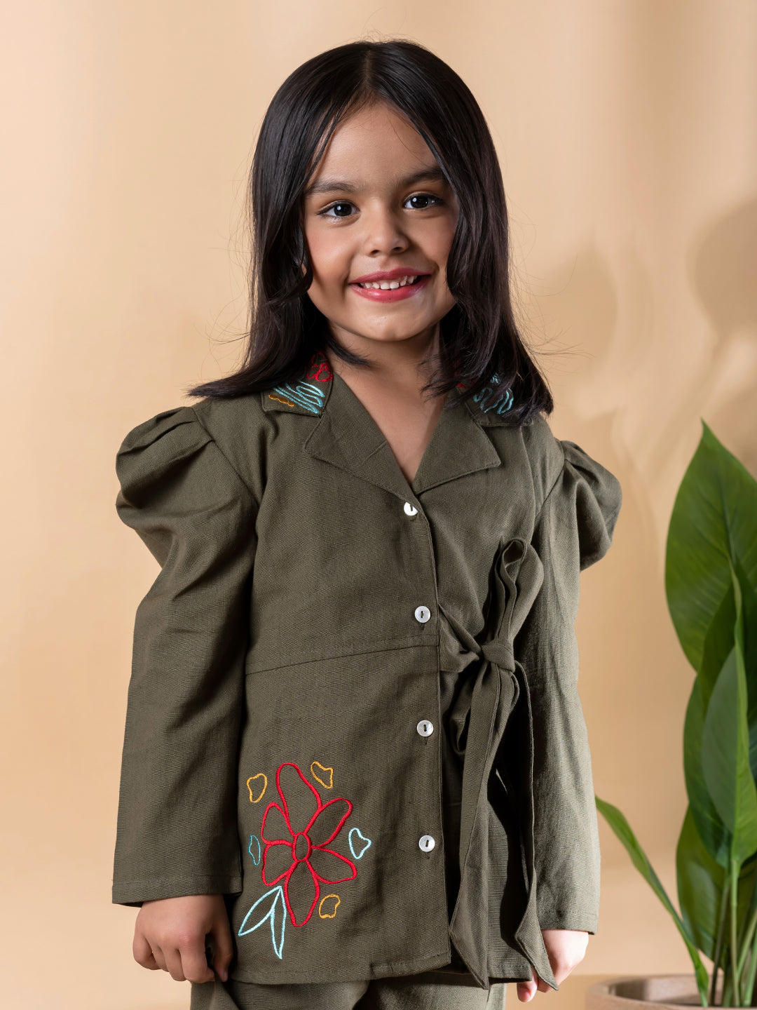Green Blossom Embroidered Cotton Flex Outfit – Girls