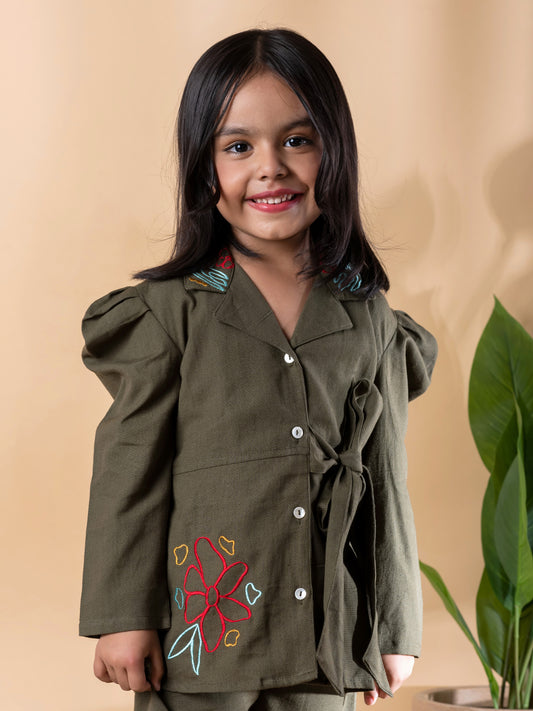 Green Blossom Embroidered Cotton Flex Outfit – Girls