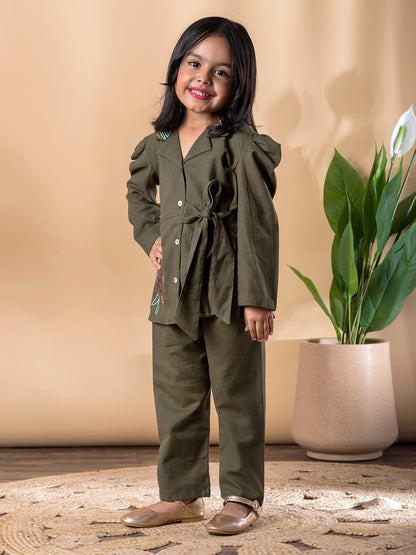 Green Blossom Embroidered Cotton Flex Outfit – Girls