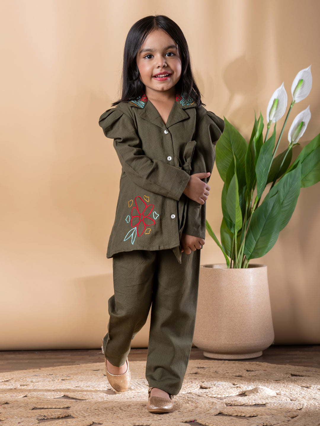 Green Blossom Embroidered Cotton Flex Outfit – Girls