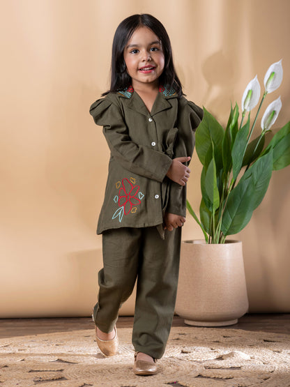 Green Blossom Embroidered Cotton Flex Outfit – Girls