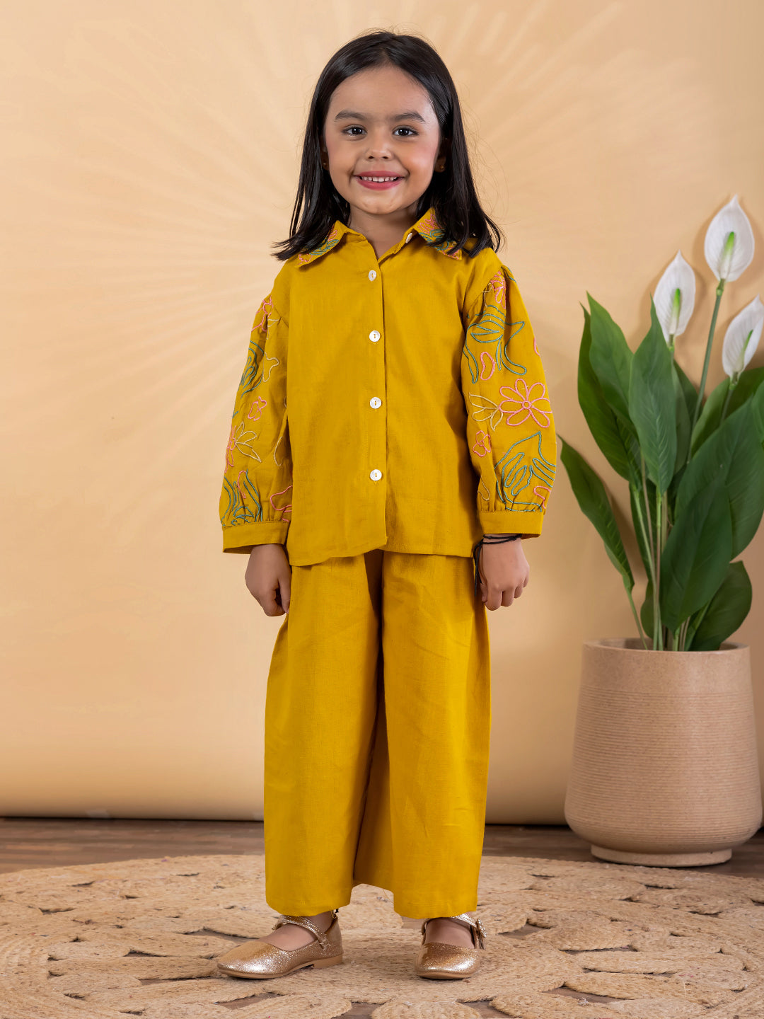 Golden Glow Embroidered Cotton Flex Outfit – Girls